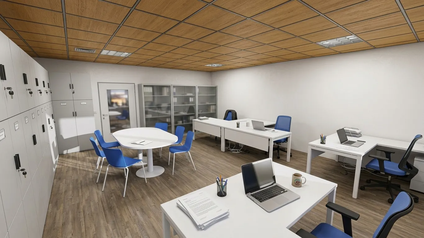 Render: Aulas y despachos con mesas blancas, sillas azules y taquillas.