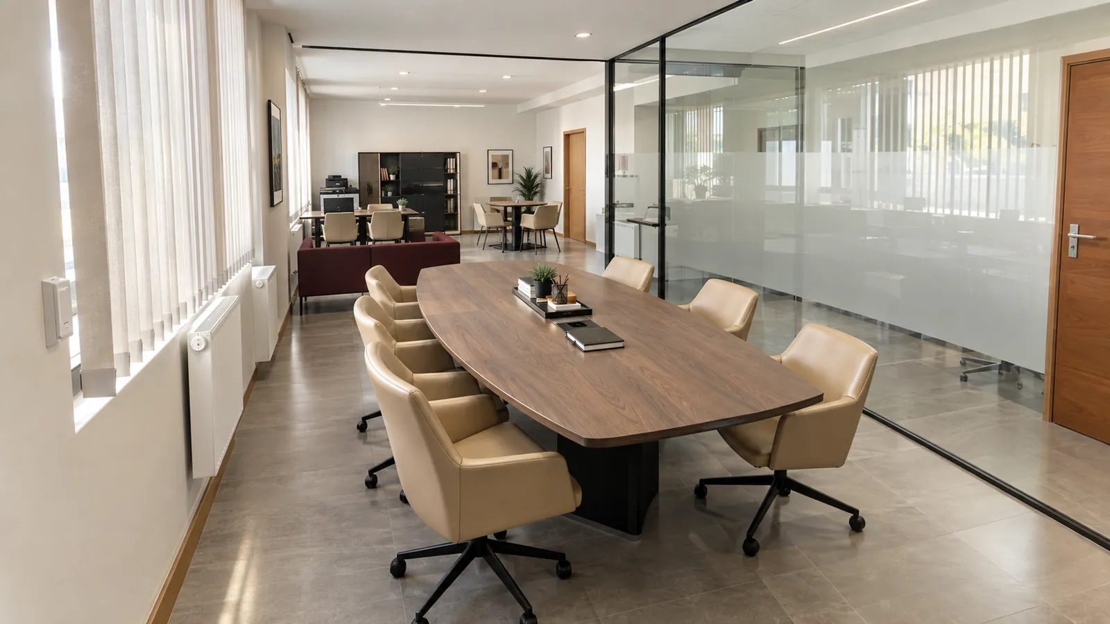 Render: Despacho profesional con sala de juntas acristalada y sillería de dirección.