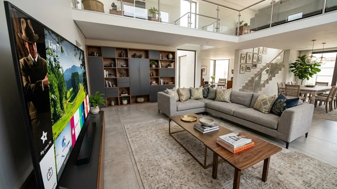 Render: Salón a medida con mueble de televisión, librería y zona de comedor.